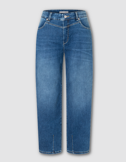  a pair of medium-wash blue barrel jeans with a subtle vertical fade