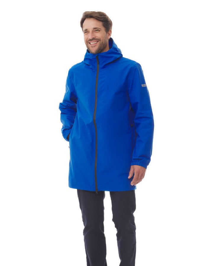 waterproof coat in cobalt blue, mid thigh length, hood and taped seams