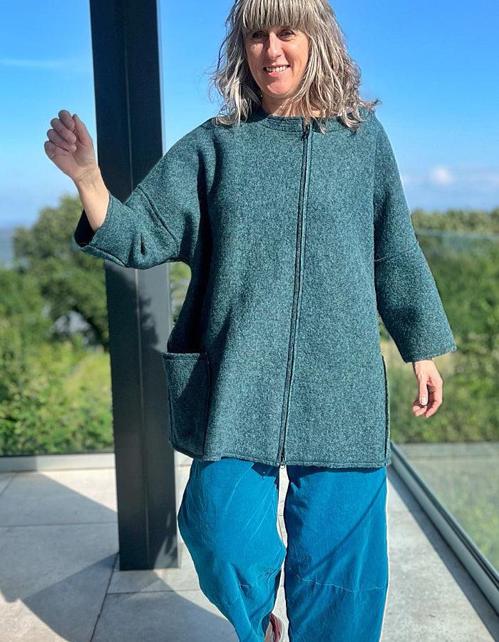 oversized boiled wool coat in deep sea teal colour