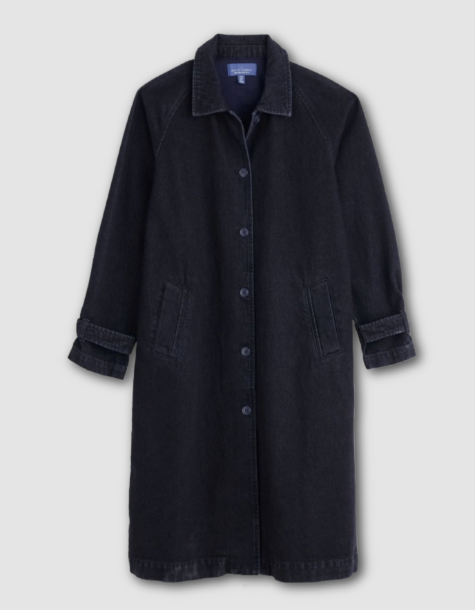 indigo denim coat on a light grey background