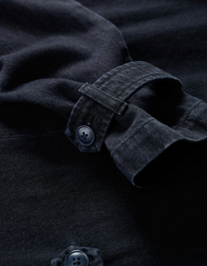 Close-up of a dark blue jacket with button details on a black background