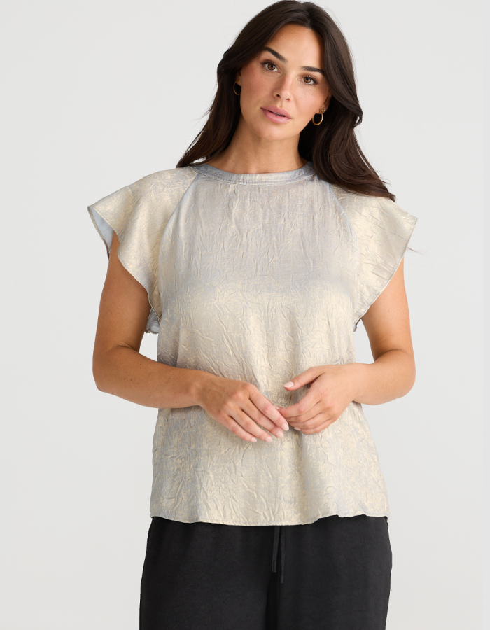 champagne coloured top with crew neck and fluted sleeves