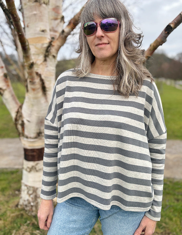 boxy jumper wide fit with draped shoulders in two tone grey block stripes