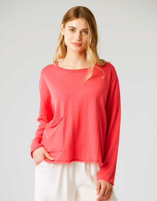 boxy red wide jumper made from cotton silk with large front patch pocket