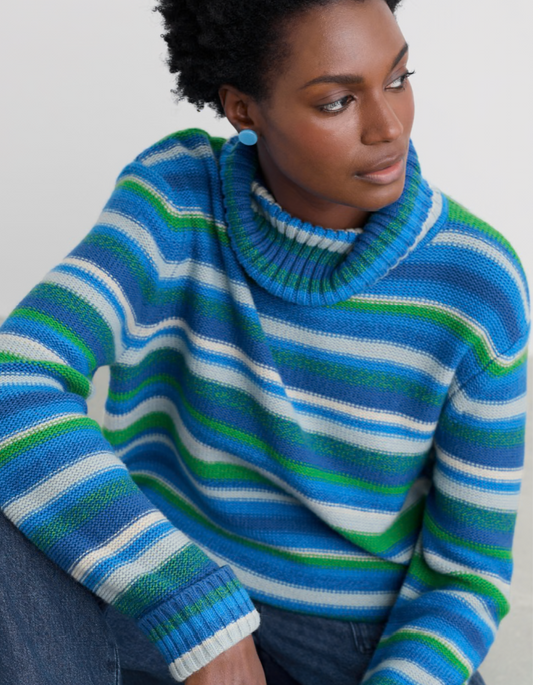 polo neck wool sweater in blue green and turquoise stripes