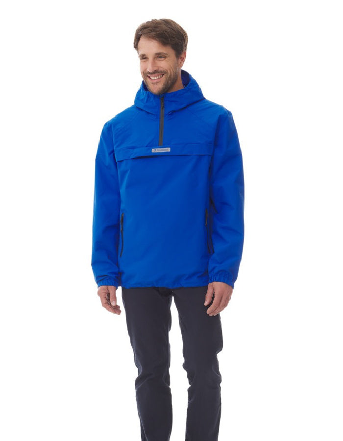 smock style waterproof jacket in coral blue, suitable for men and women, half zip, front punch pocket and kangaroo pocket, taped seams