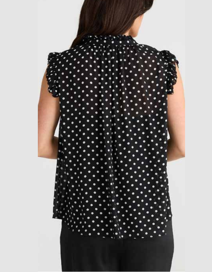 black and white polka dot chiffon sleeveless top with ruffle edged detail