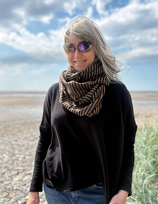 Neirami 3 Way Scarf in Brown and Black Mini Stripe