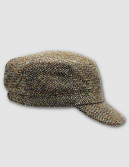 Heather Rhona Harris Tweed Cadet Cap in Green Brown Herringbone