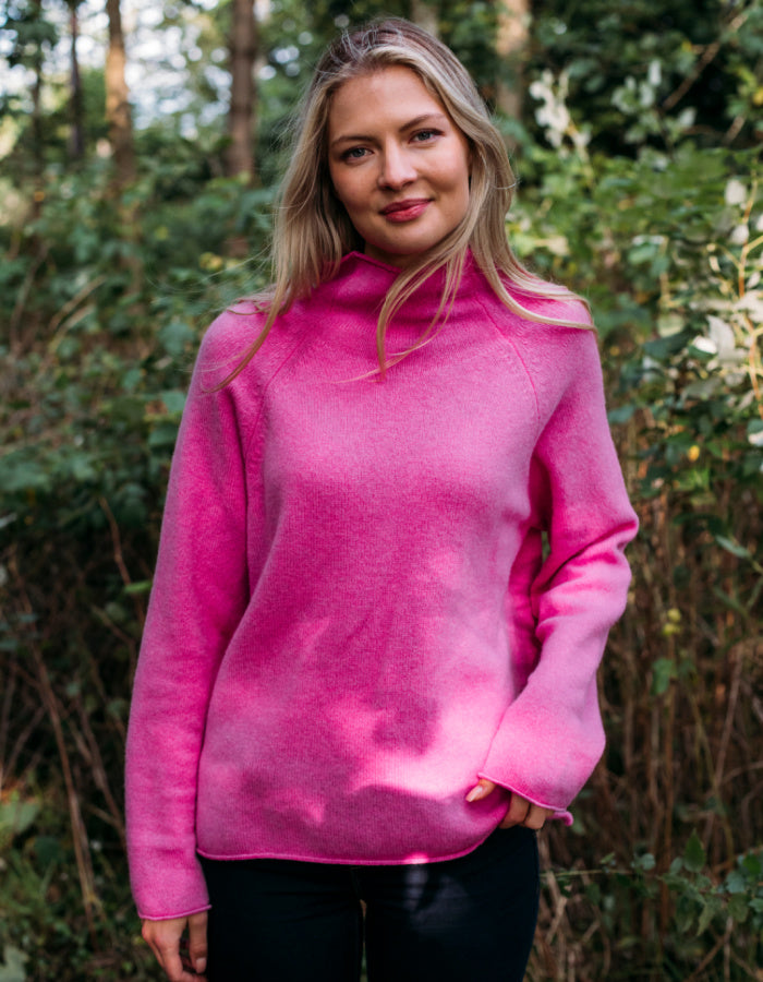 fleecy warm wool fisherman smock style sweater with raglan sleeves in bubblegum pink