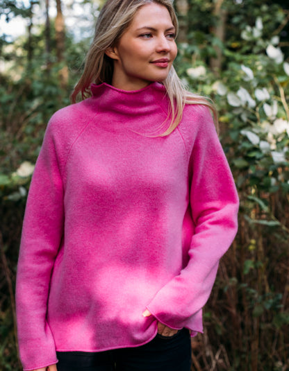 fleecy warm wool fisherman smock style sweater with raglan sleeves in bubblegum pink