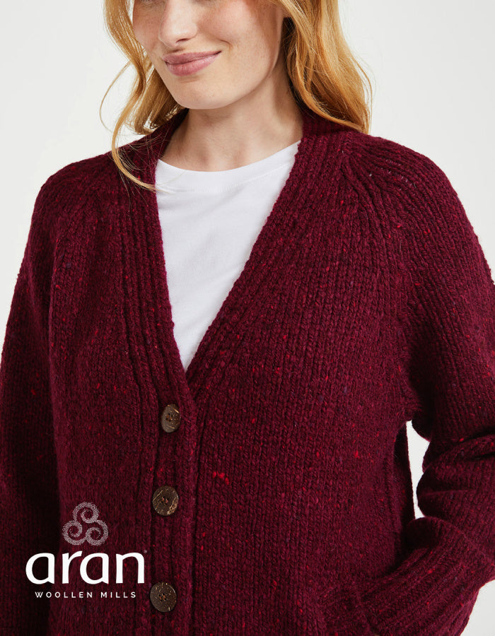 Aran Mills Donegal Tweed Cardigan with Side Pockets in Burgundy