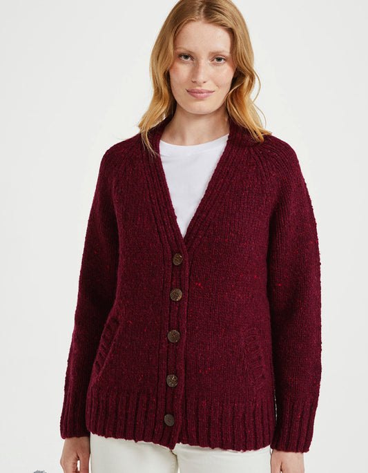 Aran Mills Donegal Tweed Cardigan with Side Pockets in Burgundy