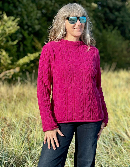 magenta pink lambswool cable sweater