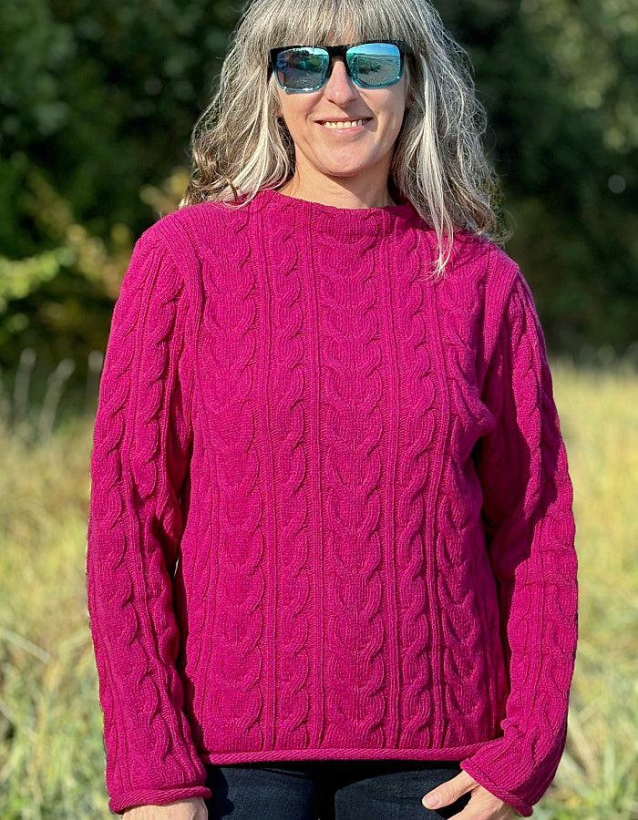 magenta pink lambswool cable sweater