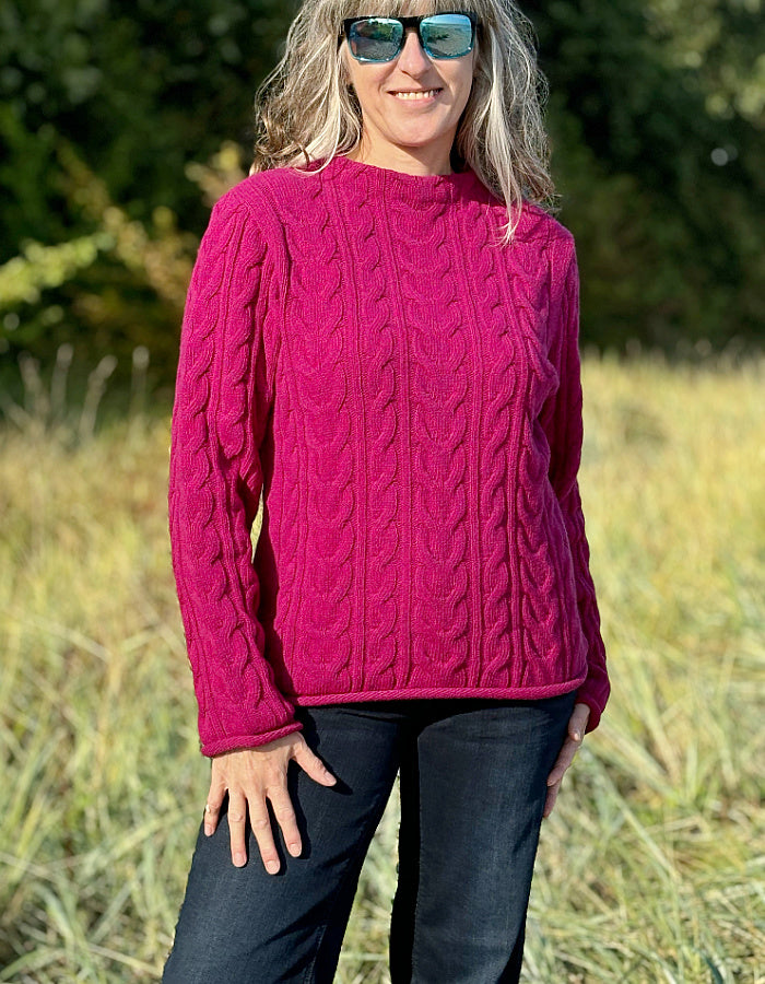 magenta pink lambswool cable sweater