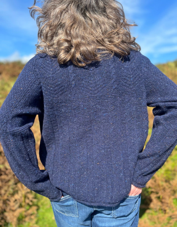 navy donegal tweed sweater with cables