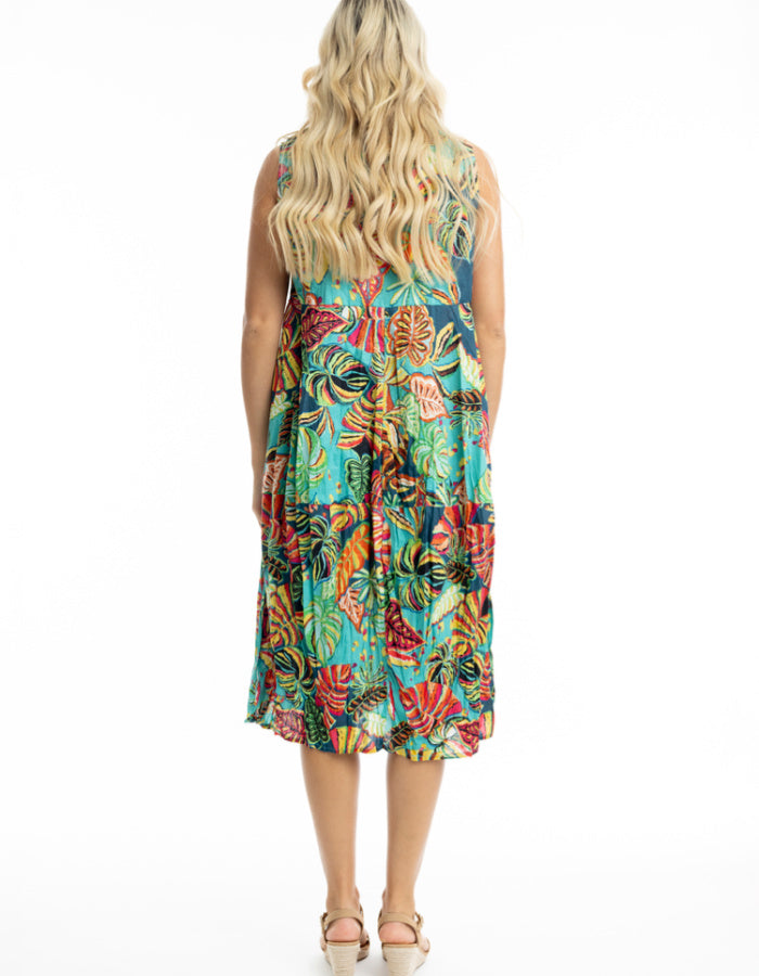 cotton sleeves midi length bubble dress with empire line. print in turquoise red and green tropical rainforest inspired