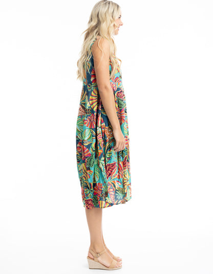 cotton sleeves midi length bubble dress with empire line. print in turquoise red and green tropical rainforest inspired