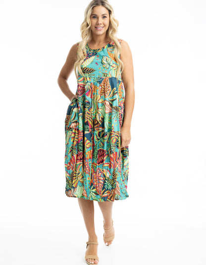 cotton sleeves midi length bubble dress with empire line. print in turquoise red and green tropical rainforest inspired