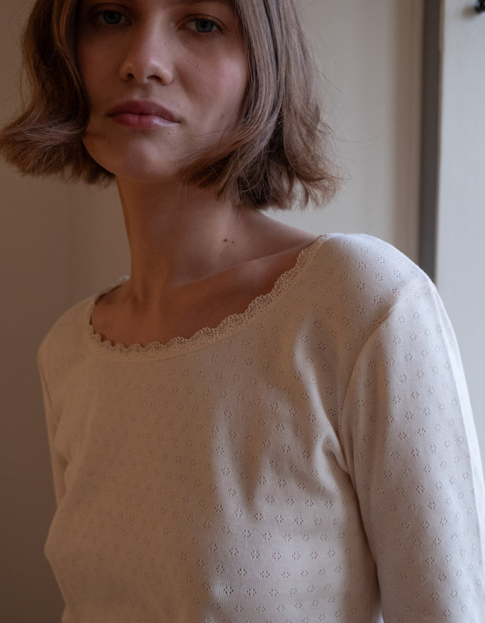 cream long sleeve t shirt in cream pointelle