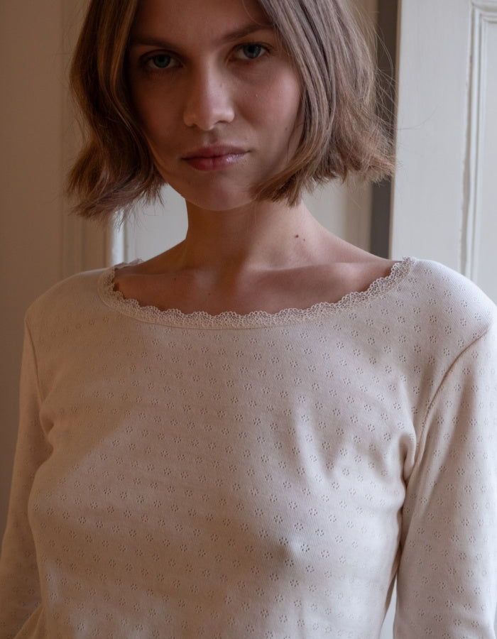 cream long sleeve t shirt in cream pointelle