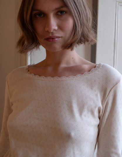 cream long sleeve t shirt in cream pointelle
