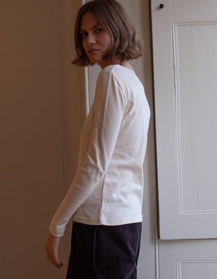 cream long sleeve t shirt in cream pointelle