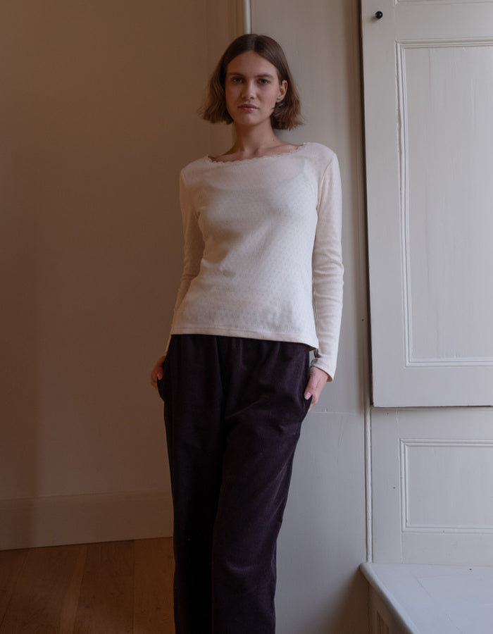 cream long sleeve t shirt in cream pointelle