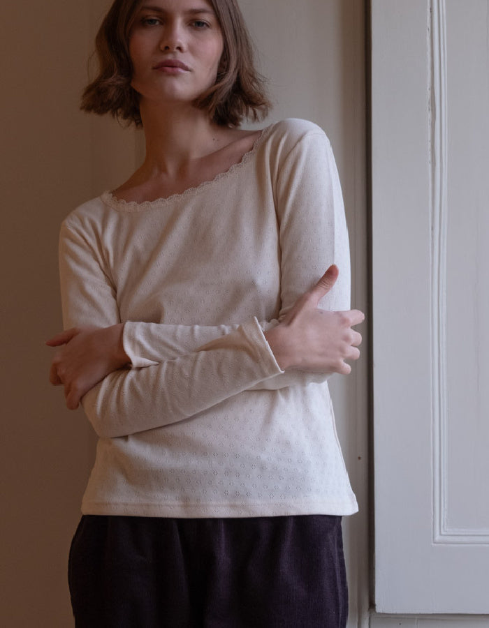 cream long sleeve t shirt in cream pointelle