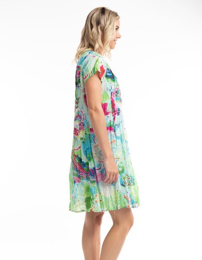 candy coloured loose fit knee length cotton dress with capped sleeves and pleated bodice