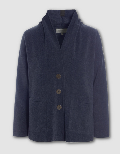 A navy blue shawl collar cardigan jacket with three brown buttons, displayed against a light gray background.