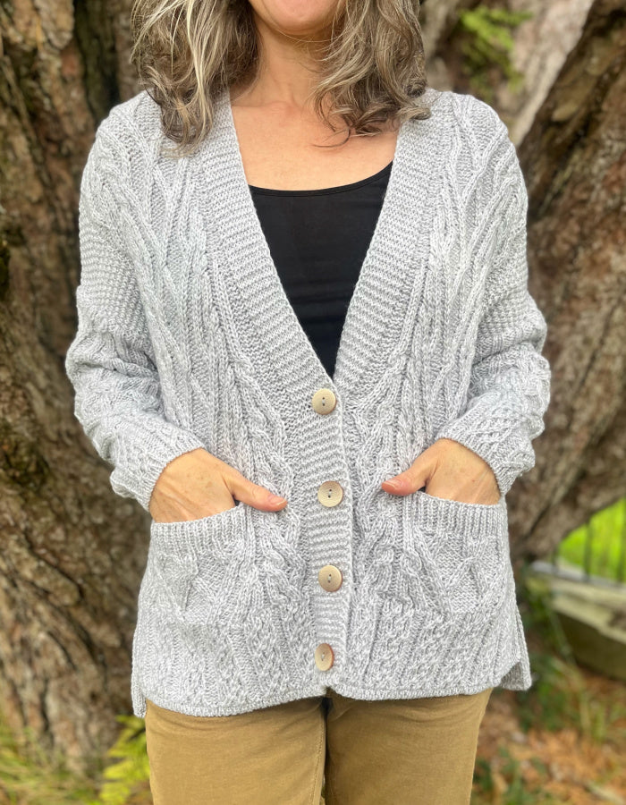boxy silver grey cable cardigan with v neckline and buttons in supersoft merino