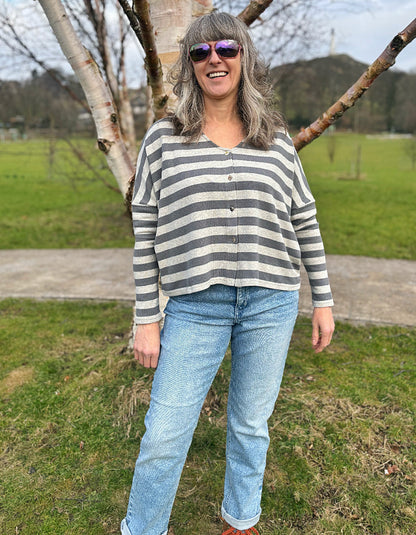 boxy cardigan wide fit with dropped shoulders in two tone grey block stripes