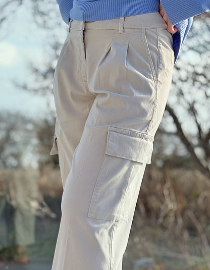 beige cotton cropped wide leg cargo trousers