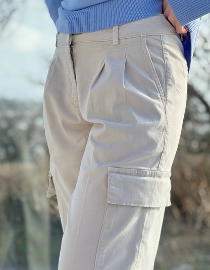 beige cotton cropped wide leg cargo trousers