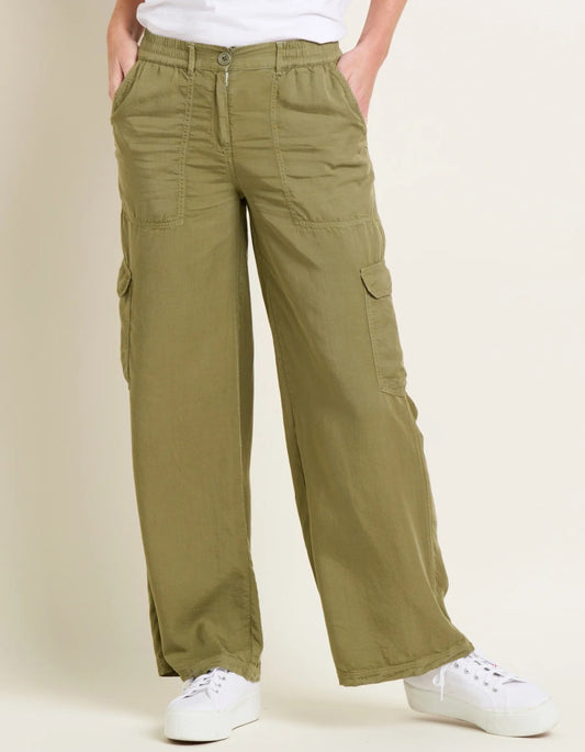 wide leg tencel khaki cargo trousers