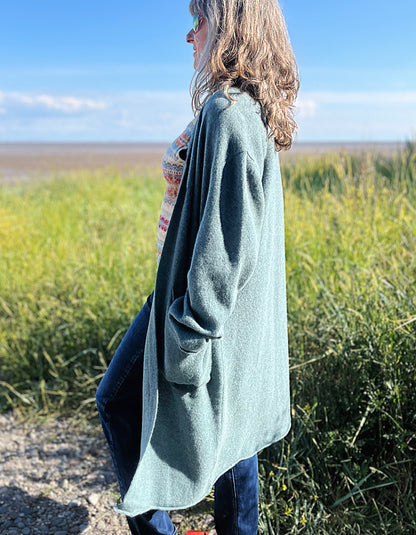 long teal green wool cardigan with deep patch pockets