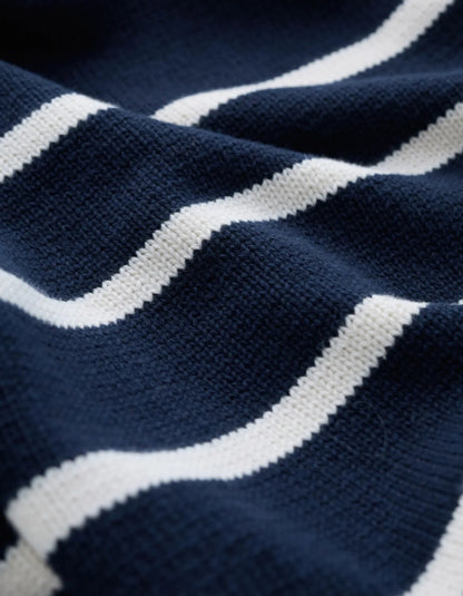 navy cotton cardigan with edge to edge finish and ecru Breton stripes