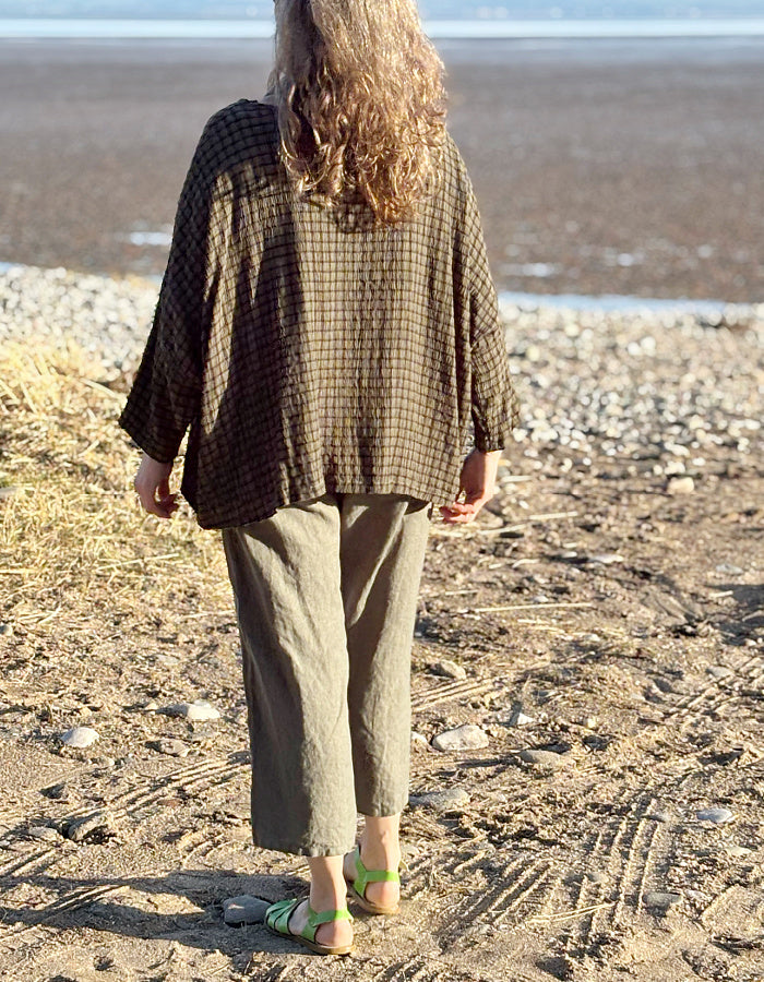 oversized love fit top in khaki with black grid check pattern