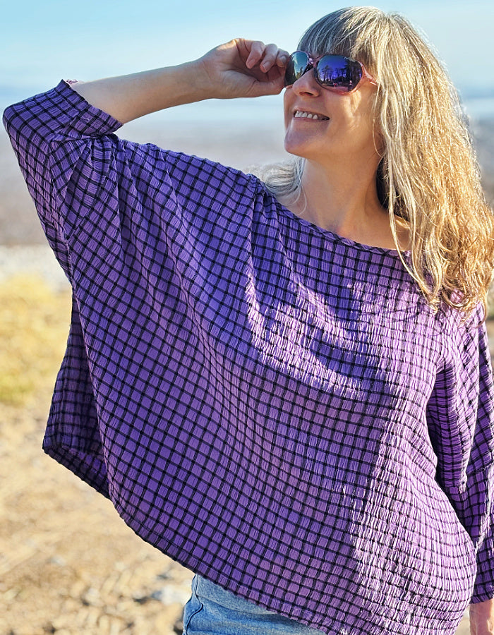one size, oversized viscose blend summer top in purple with black check print