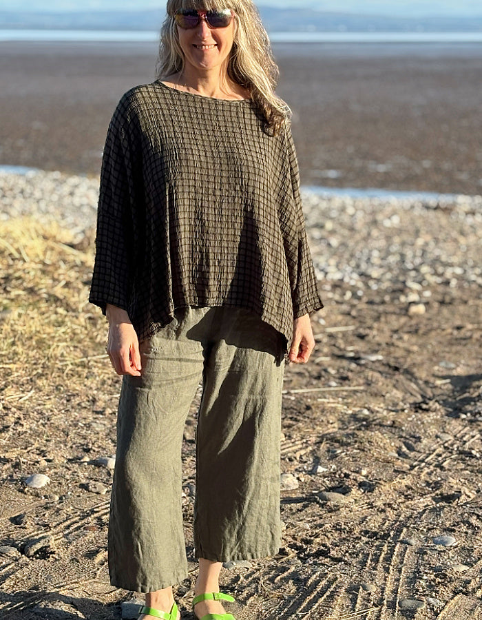 oversized love fit top in khaki with black grid check pattern