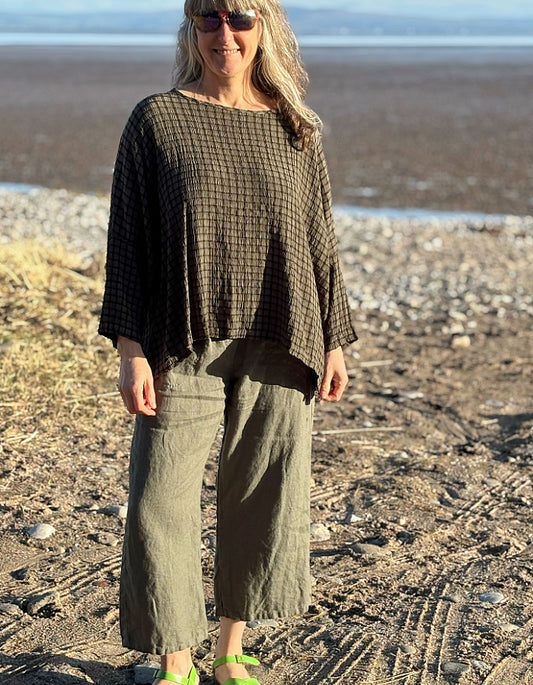 oversized love fit top in khaki with black grid check pattern