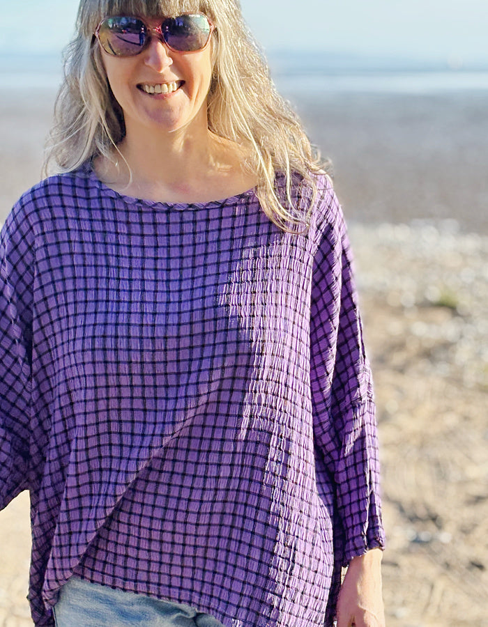 one size, oversized viscose blend summer top in purple with black check print