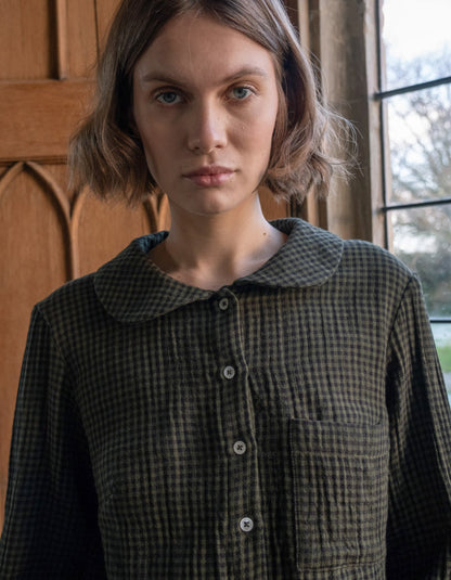 olive check cotton shirt with Peter Pan collar