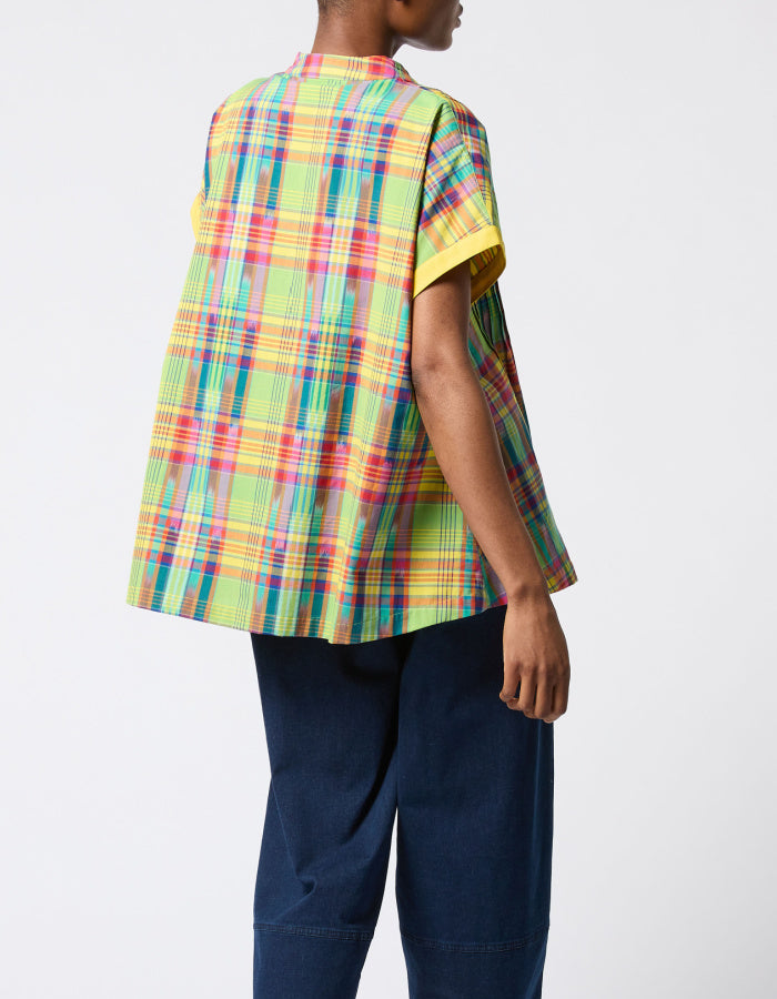 multicoloured check cotton swing top with front pleating and V-neckllne