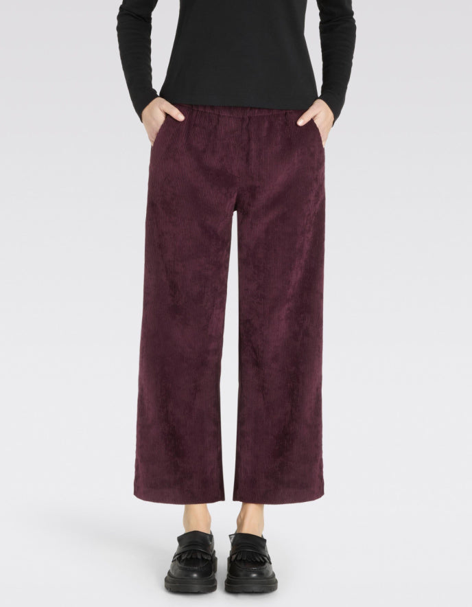 Person wearing burgundy corduroy pants on a white background
