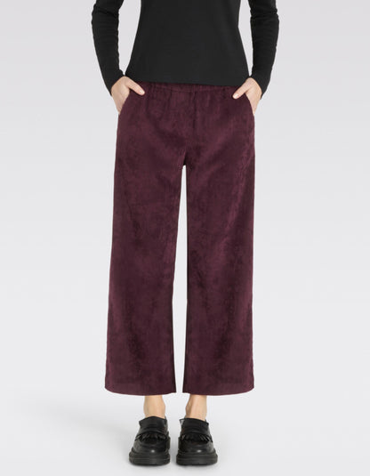 Person wearing burgundy corduroy pants on a white background