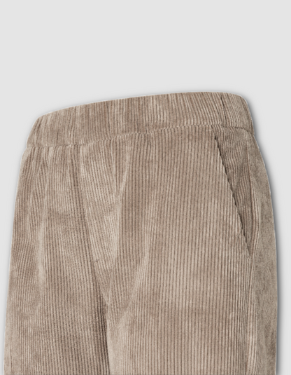 Close-up of a pair of corduroy trousers in a light taupe-brown color, showing the textured fabric and waistband details against a neutral light gray background.