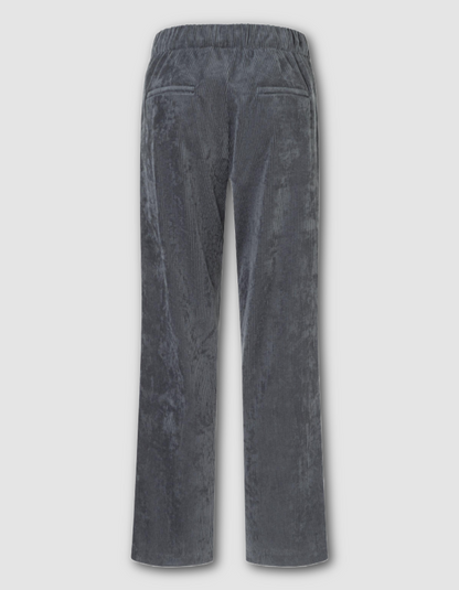 Grey wide leg corduroy pants on a light grey background
